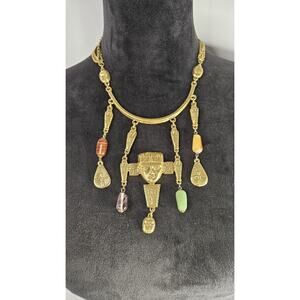 Vintage Goldette Necklace Egyptian Revival Dangling Glass Stones Gold-Tone AeB